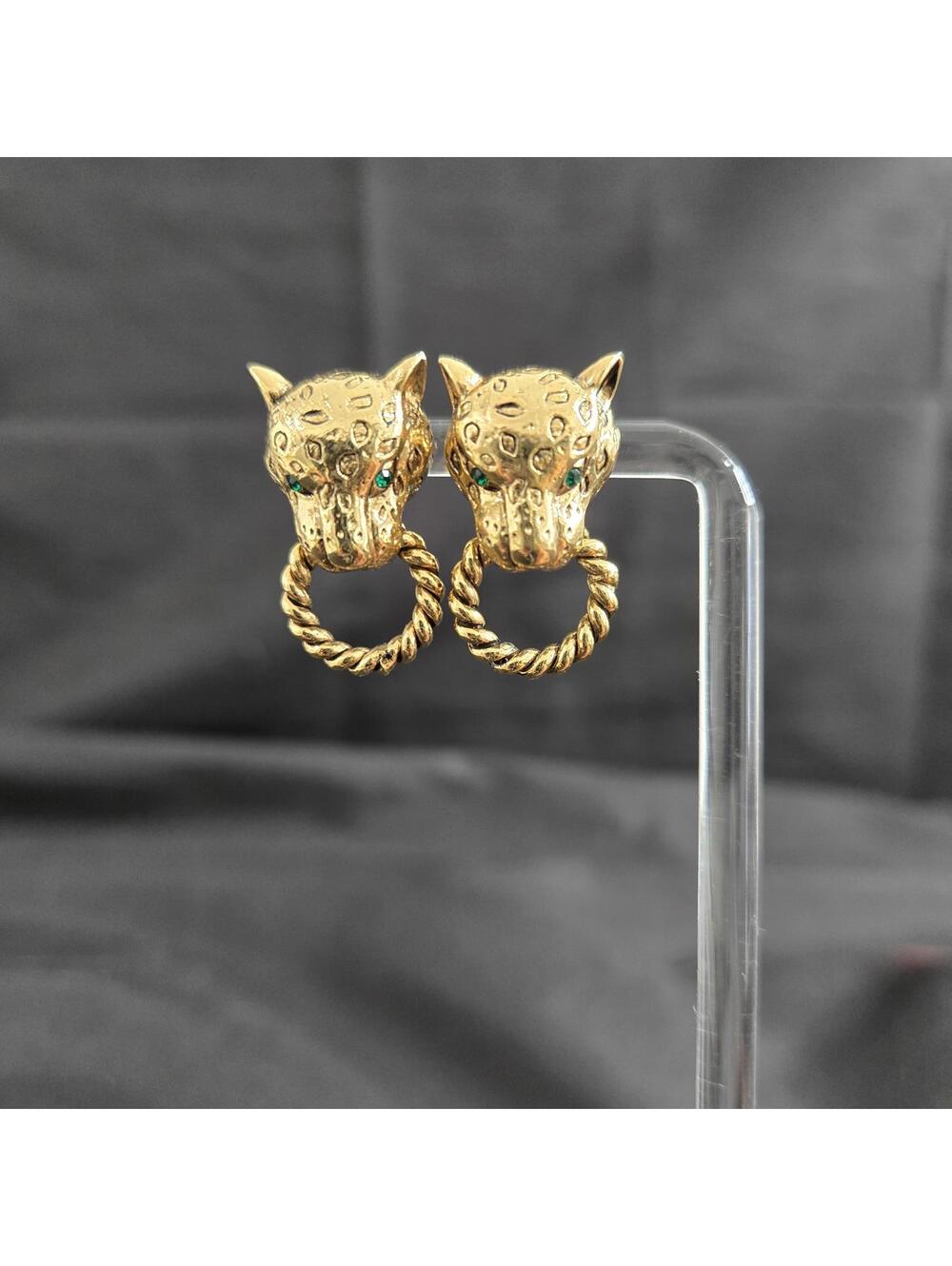 Vintage Leopard Head Door Knocker Earrings Gold Tone Statement 90s